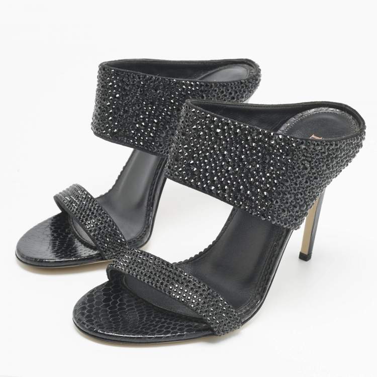 Pre Owned Le Silla Black Snakeskin Embossed Leather and Suede Crystal Embellished Slide Sandals Size 37.5