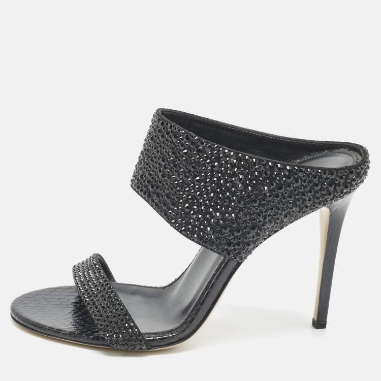Pre Owned Le Silla Black Snakeskin Embossed Leather and Suede Crystal Embellished Slide Sandals Size 37.5