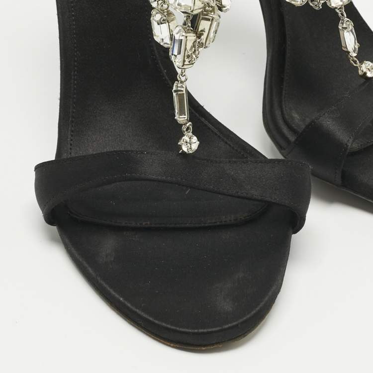 Pre Owned Le Silla Black Satin Crystal Embellish T-Strap Sandals Size 38.5