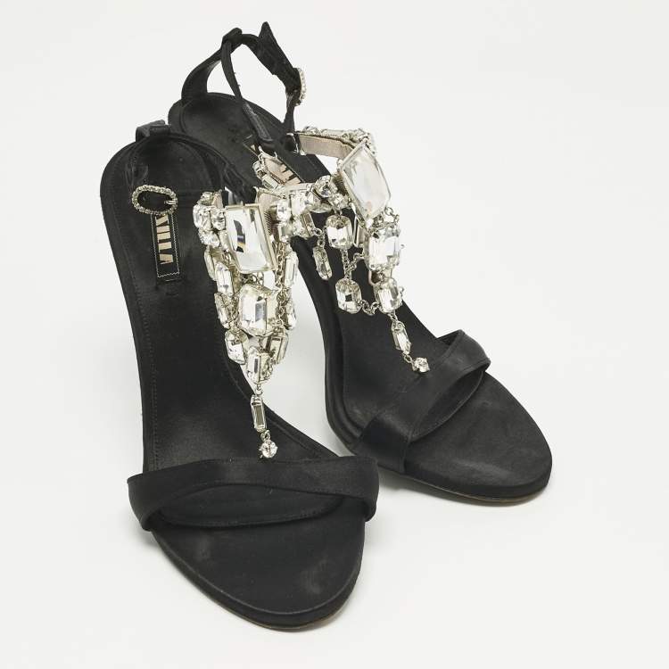 Pre Owned Le Silla Black Satin Crystal Embellish T-Strap Sandals Size 38.5