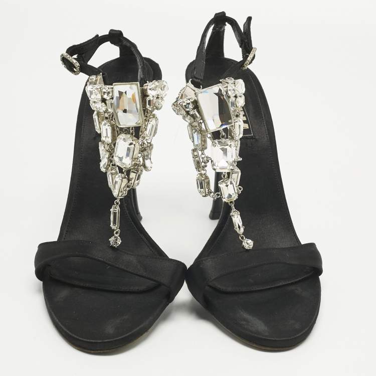 Pre Owned Le Silla Black Satin Crystal Embellish T-Strap Sandals Size 38.5