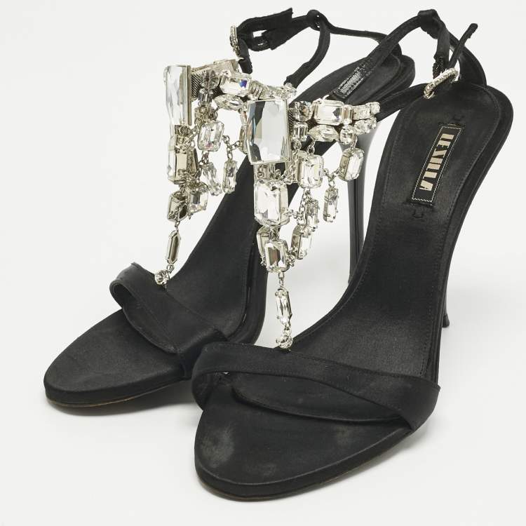 Pre Owned Le Silla Black Satin Crystal Embellish T-Strap Sandals Size 38.5