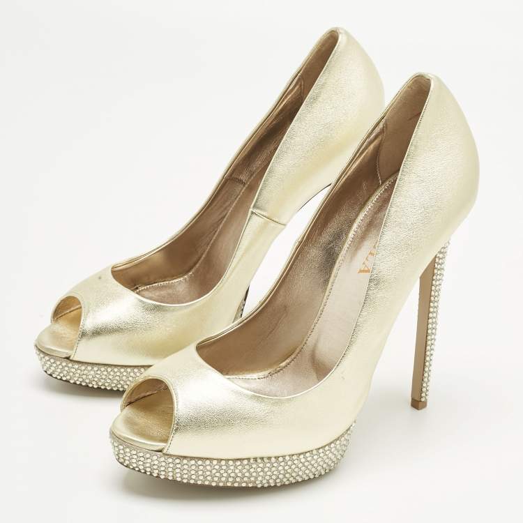 Pre Owned Le Silla Gold Leather Crystal Embellished Platform Pumps Size 41