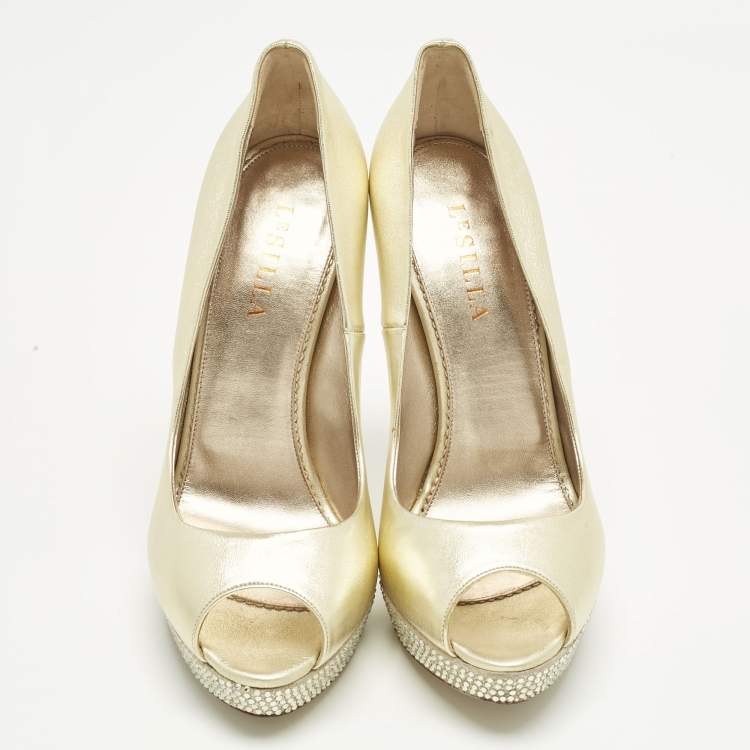 Pre Owned Le Silla Gold Leather Crystal Embellished Platform Pumps Size 41