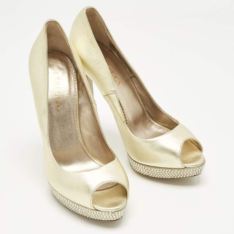 Pre Owned Le Silla Gold Leather Crystal Embellished Platform Pumps Size 41