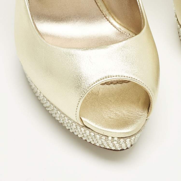 Pre Owned Le Silla Gold Leather Crystal Embellished Platform Pumps Size 41