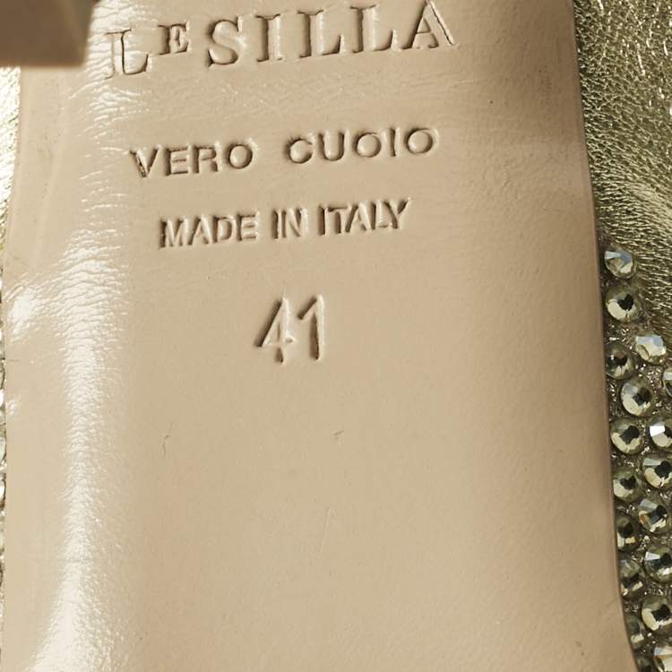 Pre Owned Le Silla Gold Leather Crystal Embellished Platform Pumps Size 41