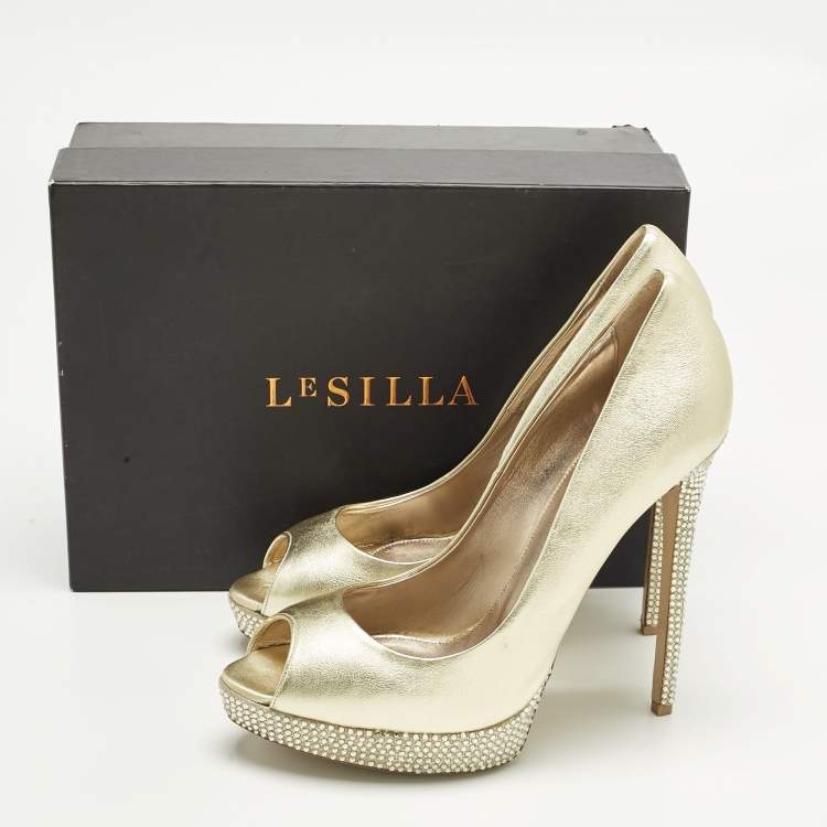 Pre Owned Le Silla Gold Leather Crystal Embellished Platform Pumps Size 41