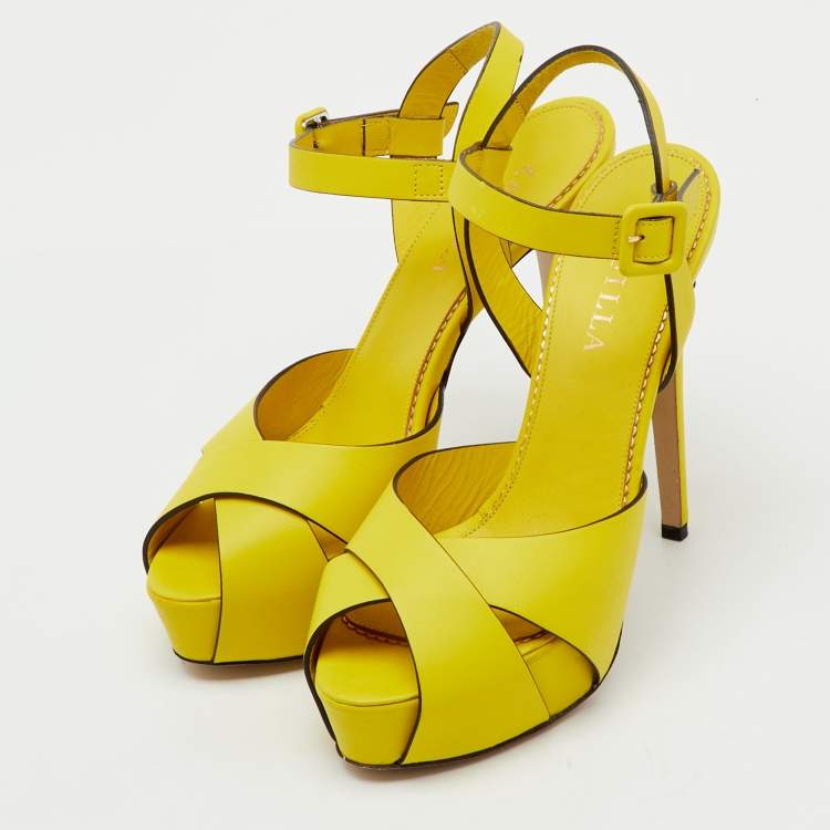 Pre Owned Le Silla Yellow Leather Ankle Strap Platform Sandals Size 39