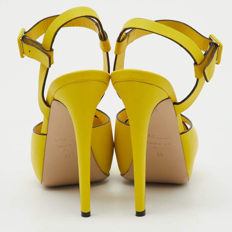 Pre Owned Le Silla Yellow Leather Ankle Strap Platform Sandals Size 39