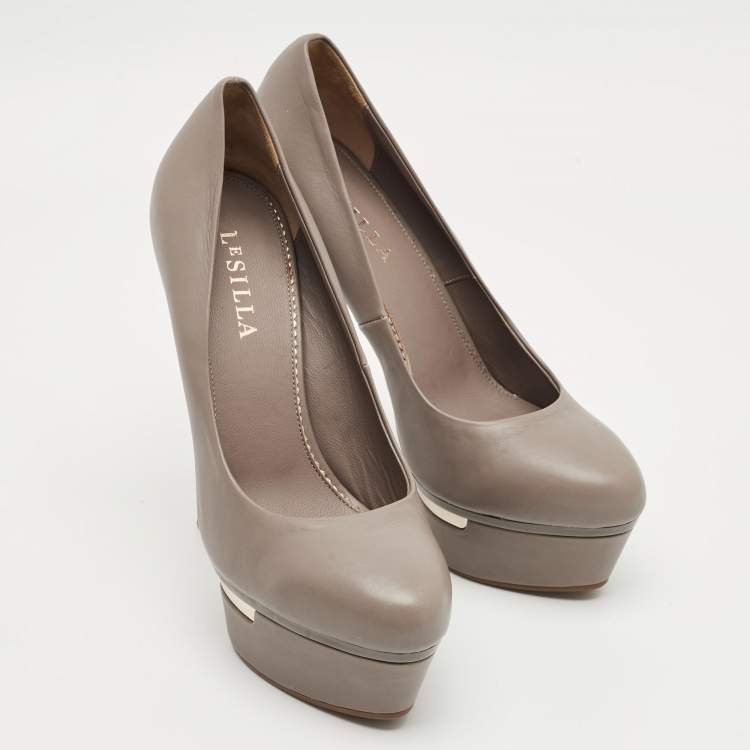 Pre Owned Le Silla Grey Leather Round Toe Platform Pumps Size 40