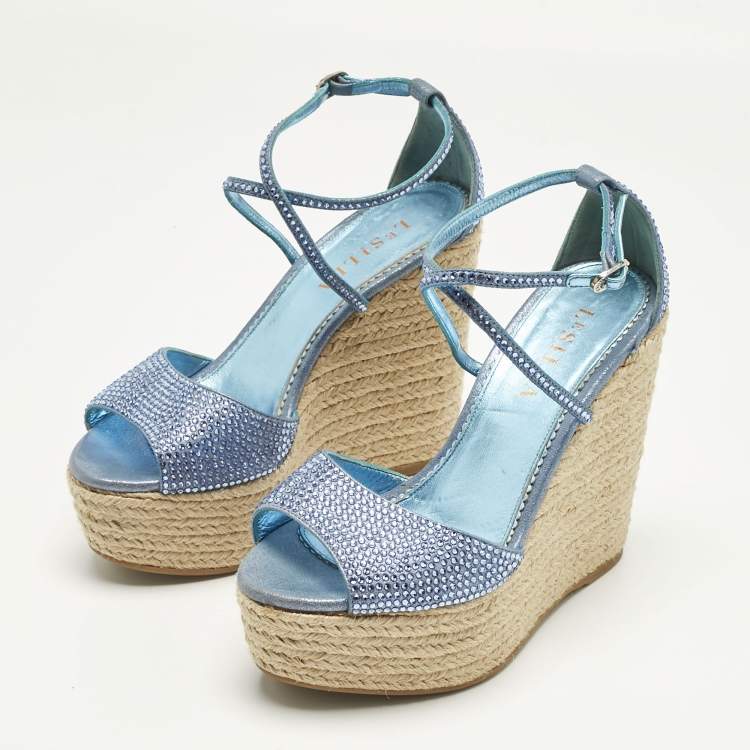 Pre Owned Le Silla Blue Suede Crystal Embellish Espadrille Wedge Sandals Size 36.5