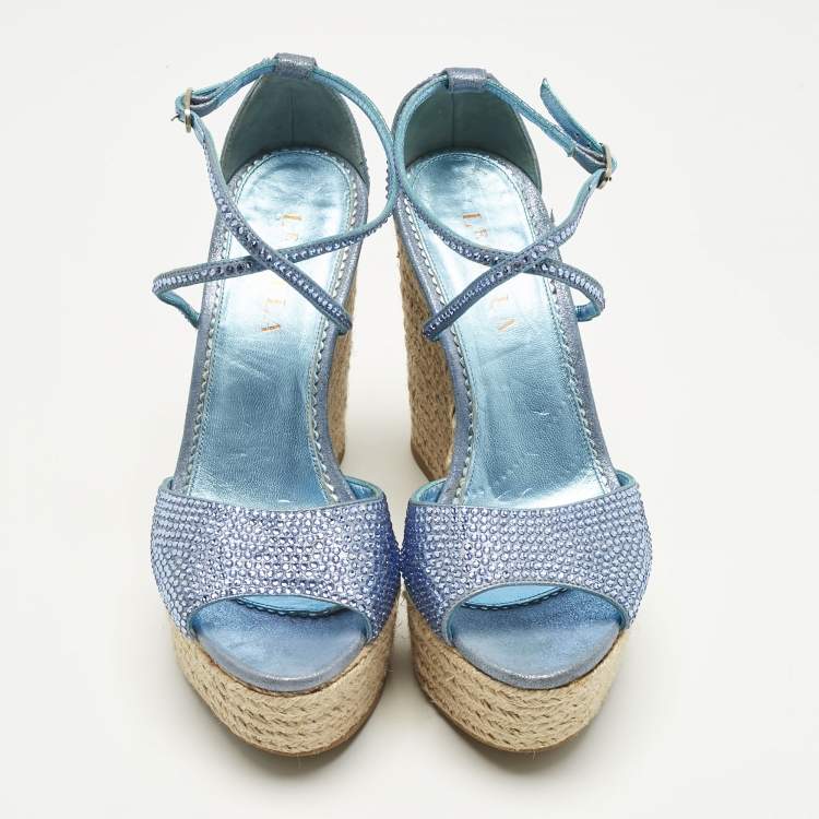 Pre Owned Le Silla Blue Suede Crystal Embellish Espadrille Wedge Sandals Size 36.5
