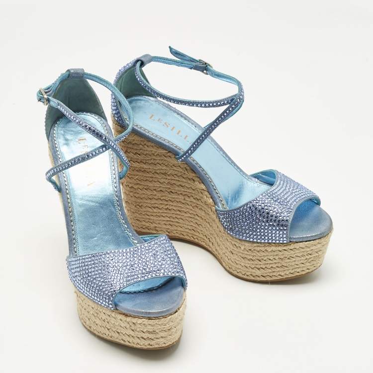 Pre Owned Le Silla Blue Suede Crystal Embellish Espadrille Wedge Sandals Size 36.5