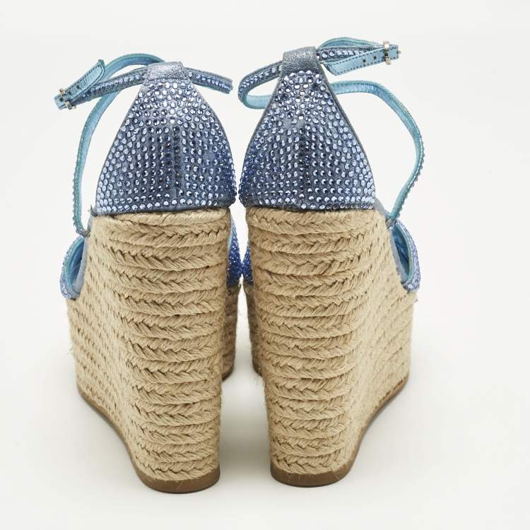 Pre Owned Le Silla Blue Suede Crystal Embellish Espadrille Wedge Sandals Size 36.5