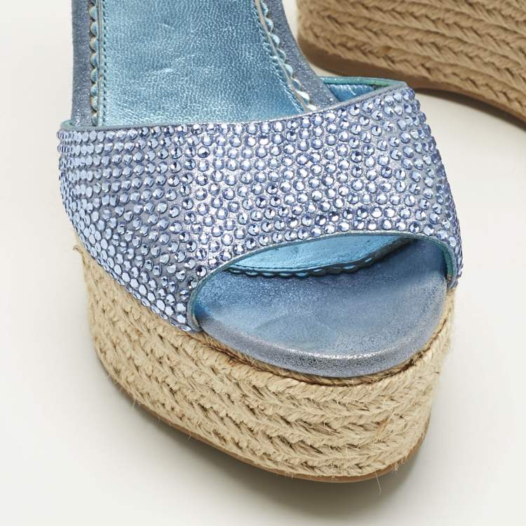 Pre Owned Le Silla Blue Suede Crystal Embellish Espadrille Wedge Sandals Size 36.5