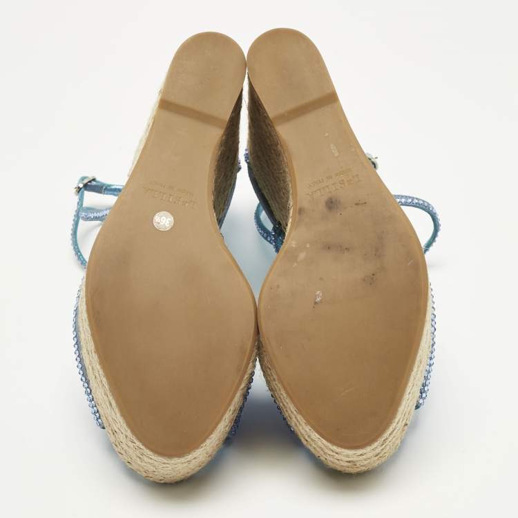 Pre Owned Le Silla Blue Suede Crystal Embellish Espadrille Wedge Sandals Size 36.5