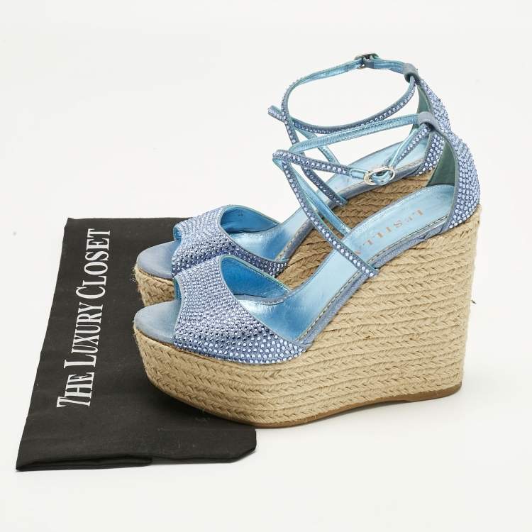 Pre Owned Le Silla Blue Suede Crystal Embellish Espadrille Wedge Sandals Size 36.5
