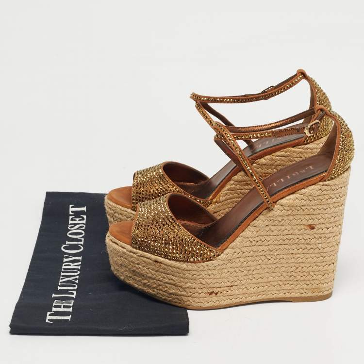 Pre Owned Le Silla Gold Suede Crystal Embellish Espadrille Wedge Sandals Size 37