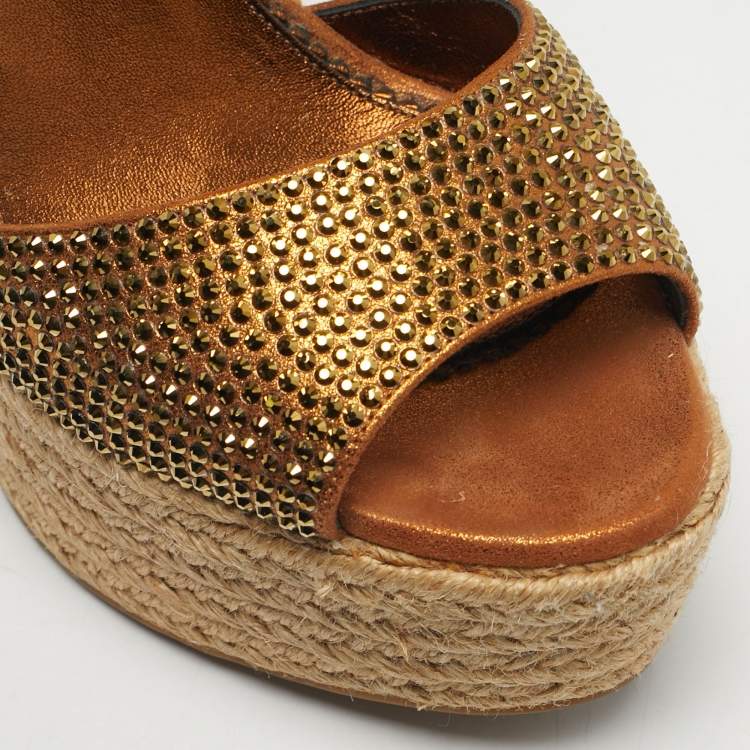 Pre Owned Le Silla Gold Suede Crystal Embellish Espadrille Wedge Sandals Size 37