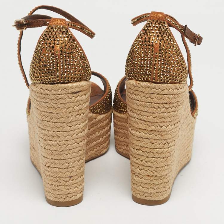 Pre Owned Le Silla Gold Suede Crystal Embellish Espadrille Wedge Sandals Size 37