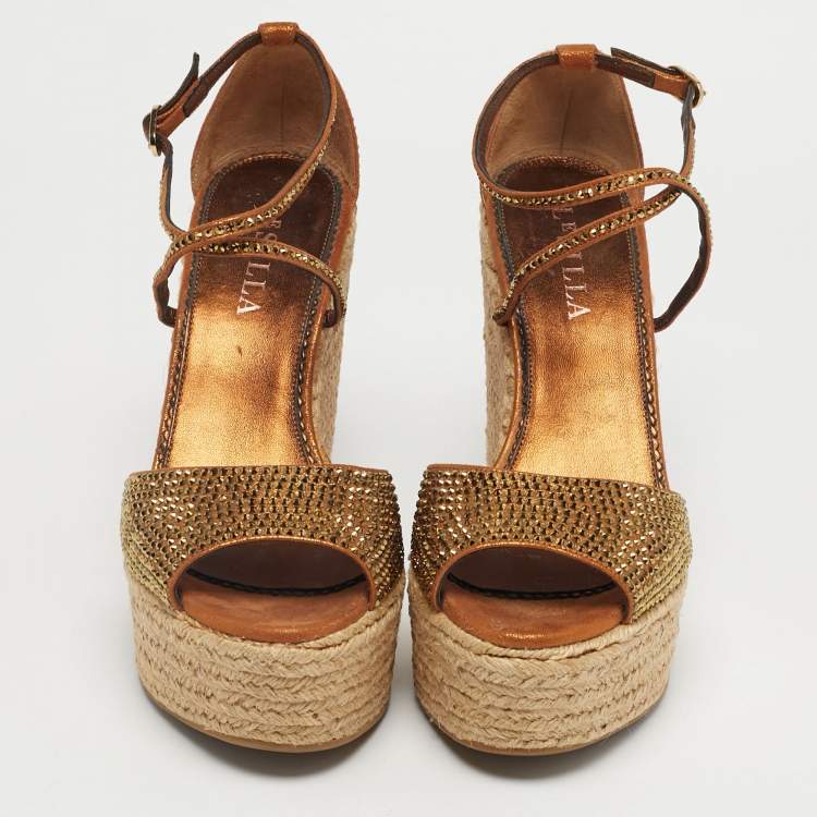 Pre Owned Le Silla Gold Suede Crystal Embellish Espadrille Wedge Sandals Size 37