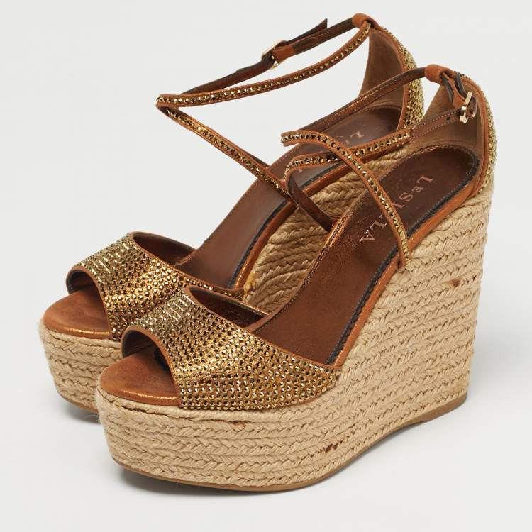 Pre Owned Le Silla Gold Suede Crystal Embellish Espadrille Wedge Sandals Size 37