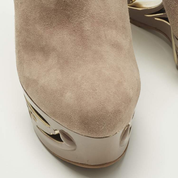 Pre Owned Le Silla Size 38.5 Beige Suede Butterfly Wedge Ankle Boots