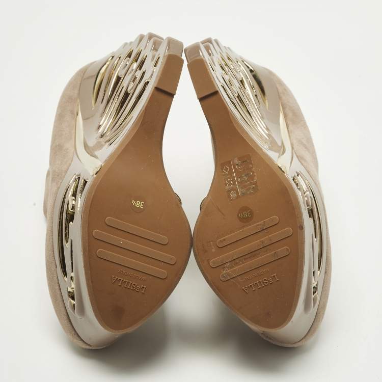 Pre Owned Le Silla Size 38.5 Beige Suede Butterfly Wedge Ankle Boots