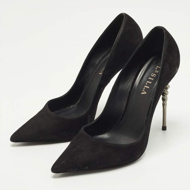 Pre Owned Le Silla Size 38 Black Suede Spiral Heel Pumps