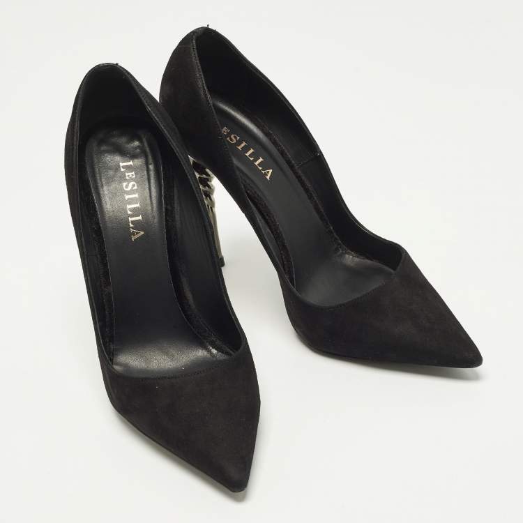 Pre Owned Le Silla Size 38 Black Suede Spiral Heel Pumps