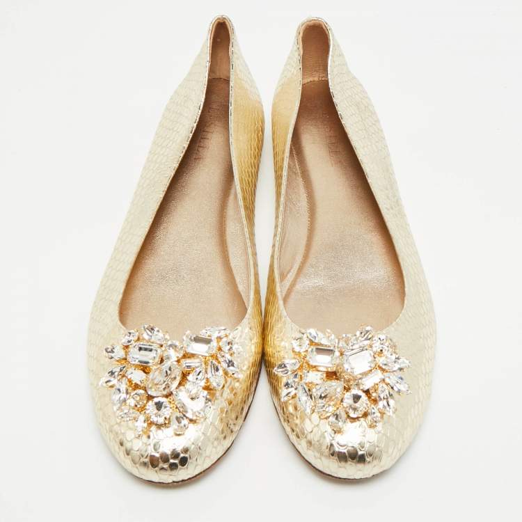 Pre Owned Le Silla Size 41 Metallic Python Embossed Leather Crystal Embellished  Ballet Flats