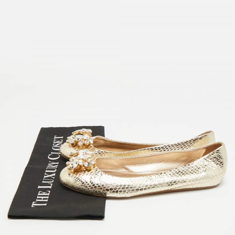 Pre Owned Le Silla Size 41 Metallic Python Embossed Leather Crystal Embellished  Ballet Flats