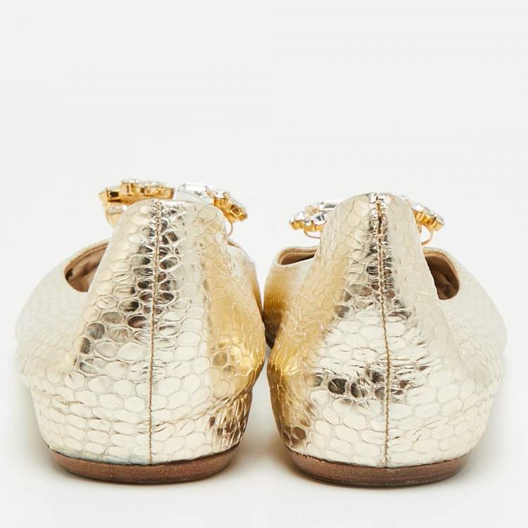 Pre Owned Le Silla Size 41 Metallic Python Embossed Leather Crystal Embellished  Ballet Flats