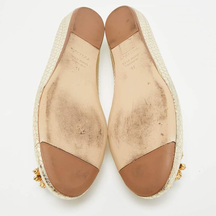 Pre Owned Le Silla Size 41 Metallic Python Embossed Leather Crystal Embellished  Ballet Flats