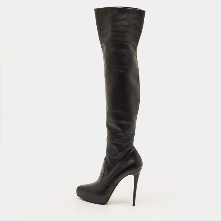 Pre Owned Le Silla Size 40 Black Leather Over The Knee Boots