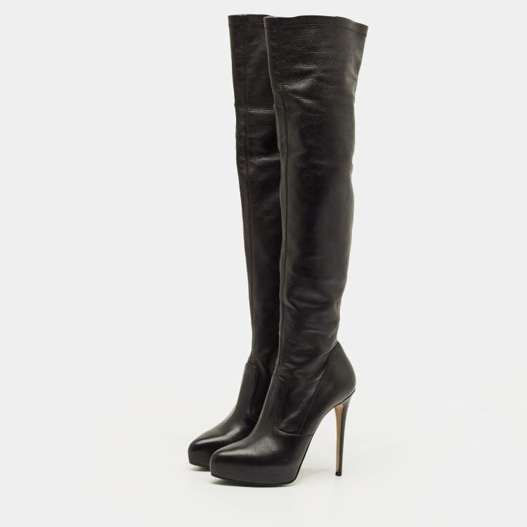 Pre Owned Le Silla Size 40 Black Leather Over The Knee Boots