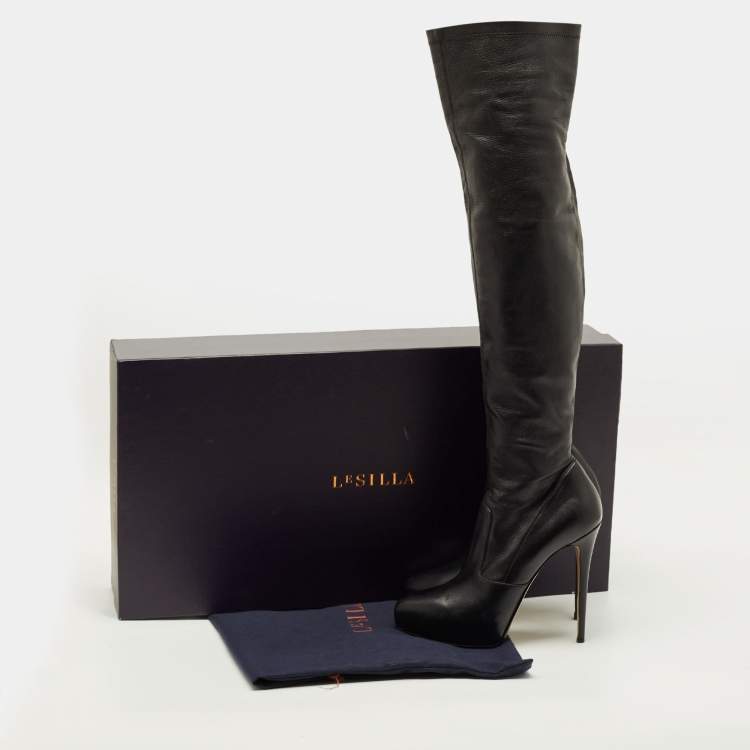 Pre Owned Le Silla Size 40 Black Leather Over The Knee Boots