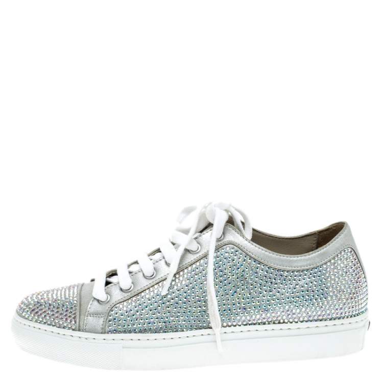Pre Owned Le Silla Grey Crystal Embellished Suede Lace Up Sneakers Size 36