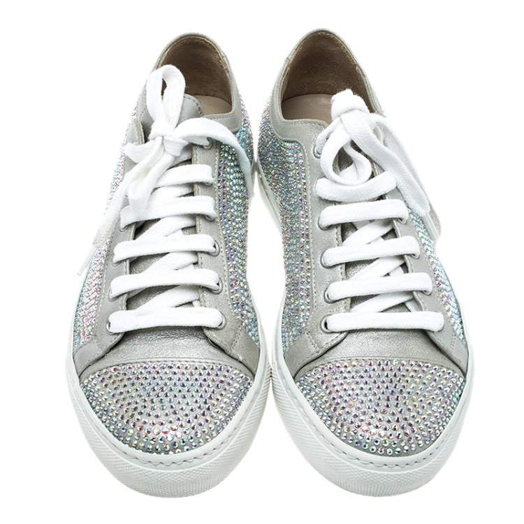 Pre Owned Le Silla Grey Crystal Embellished Suede Lace Up Sneakers Size 36