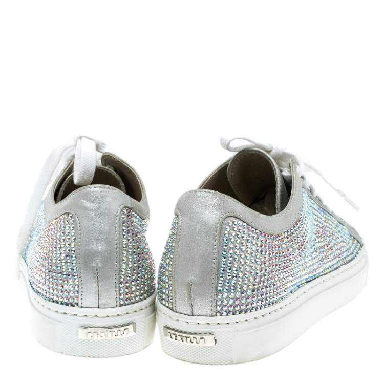 Pre Owned Le Silla Grey Crystal Embellished Suede Lace Up Sneakers Size 36
