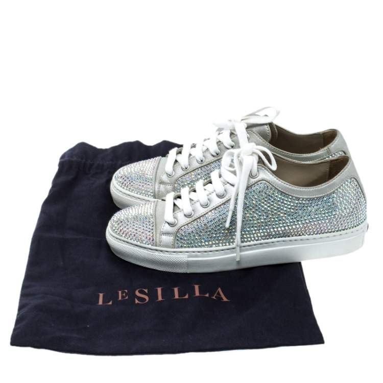 Pre Owned Le Silla Grey Crystal Embellished Suede Lace Up Sneakers Size 36
