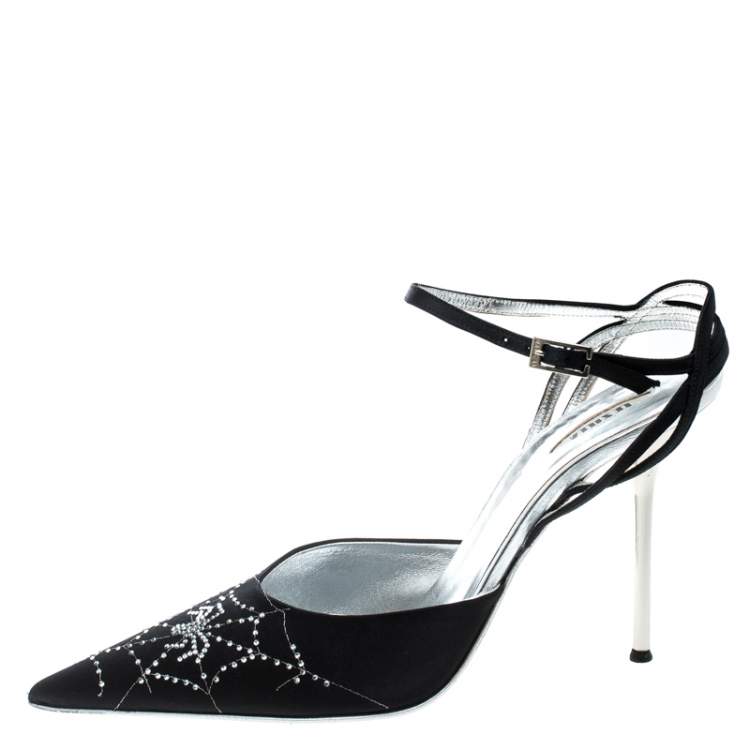 Pre Owned Le Silla Black Satin Crystal Embellished Spider Pointed Toe Sandals Size 39