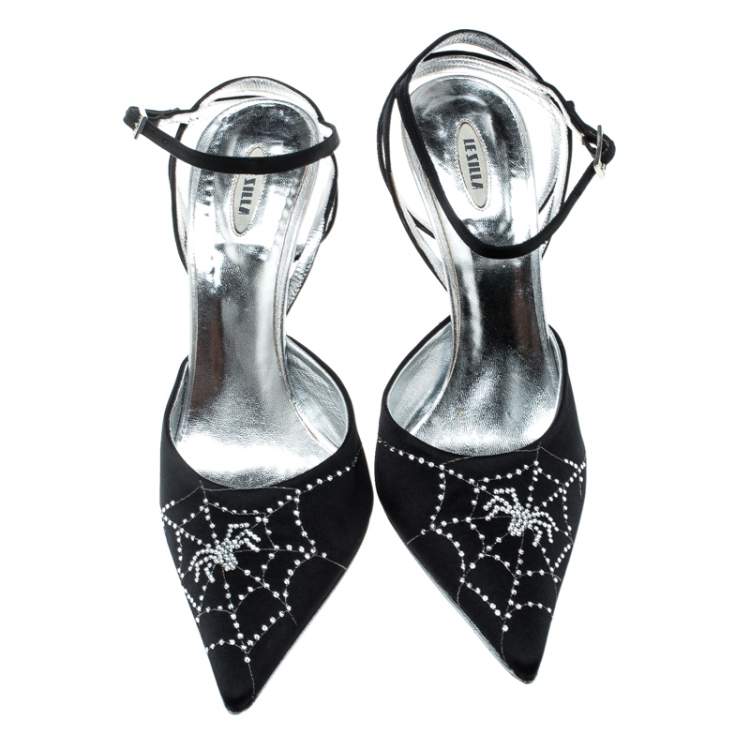 Pre Owned Le Silla Black Satin Crystal Embellished Spider Pointed Toe Sandals Size 39