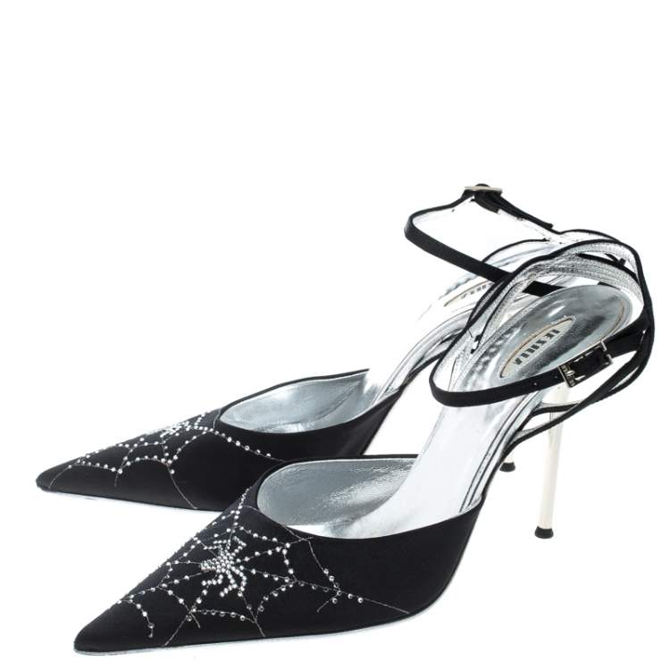 Pre Owned Le Silla Black Satin Crystal Embellished Spider Pointed Toe Sandals Size 39