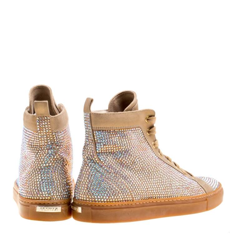 Pre Owned Le Silla Beige Crystal Embellished Leather High Top Sneakers Size 37