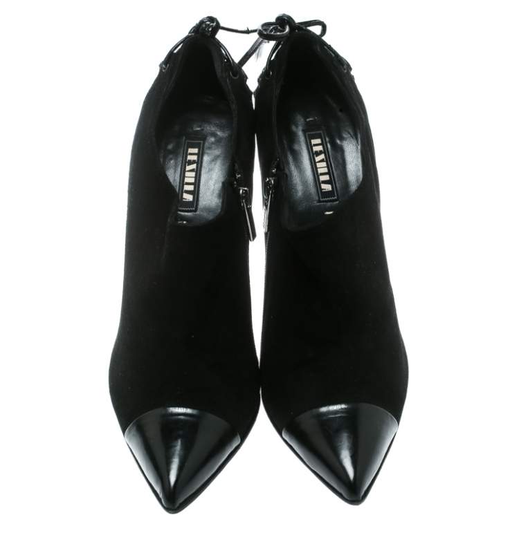 Pre Owned Le Silla Black Suede/Patent Lather Cap Toe Ankle Boots Size 37.5
