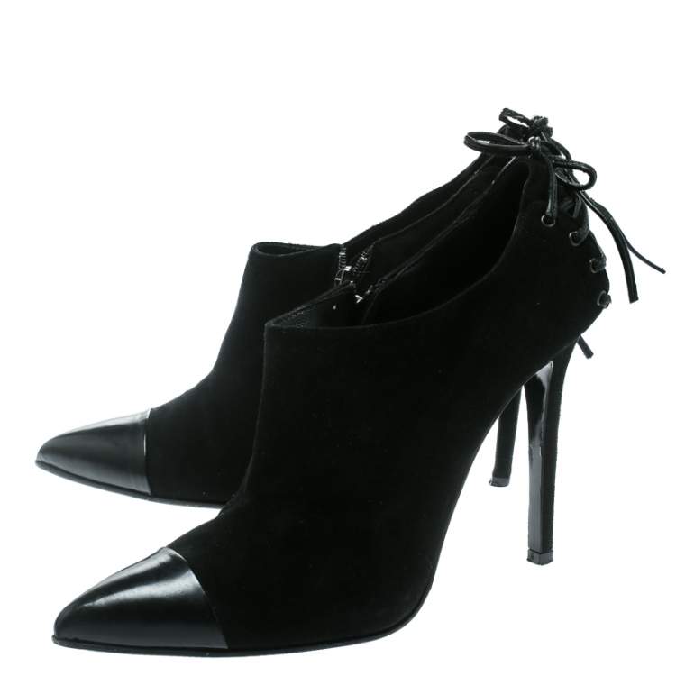 Pre Owned Le Silla Black Suede/Patent Lather Cap Toe Ankle Boots Size 37.5