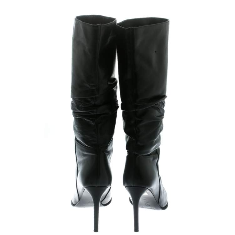 Pre Owned Le Silla Black Leather Rucched Detail Calf Length Pointed Toe Boots Size 38