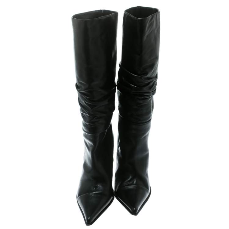 Pre Owned Le Silla Black Leather Rucched Detail Calf Length Pointed Toe Boots Size 38
